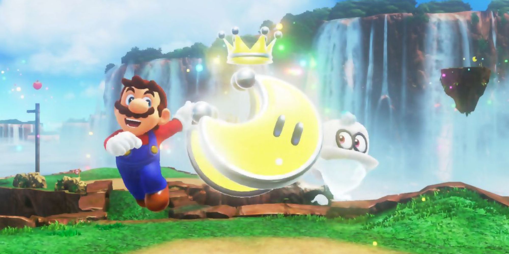 Mario and Cappy posing with Power Moons