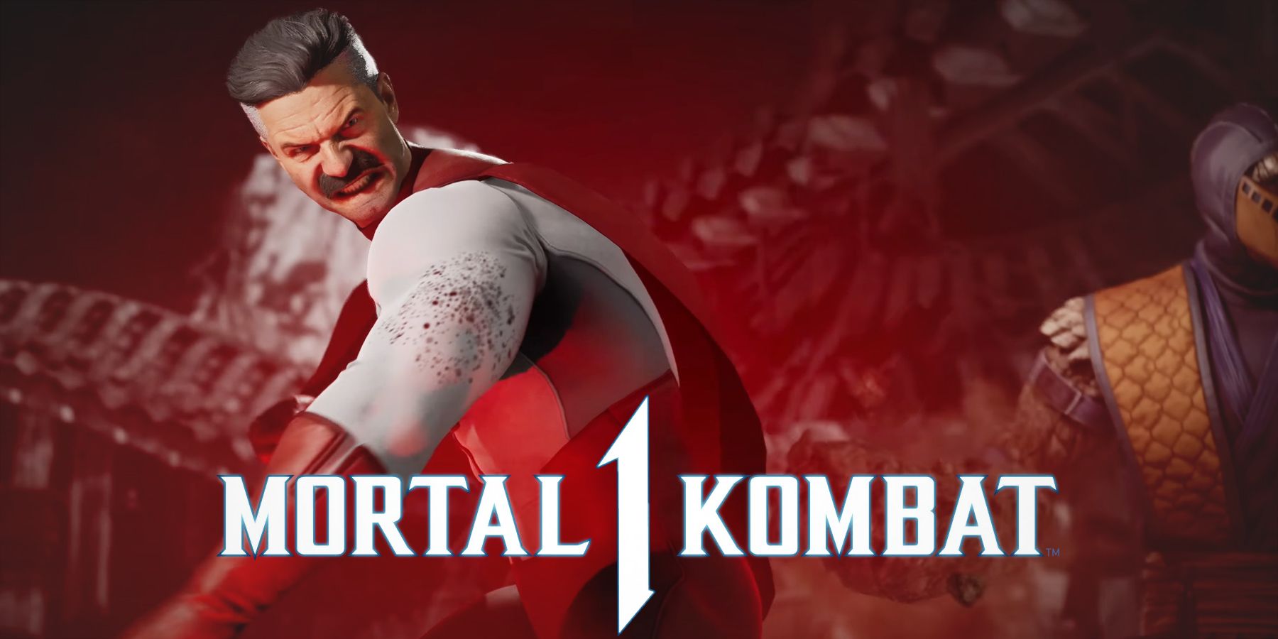Omni-Man mid-attack behind Mortal Kombat 1 logo