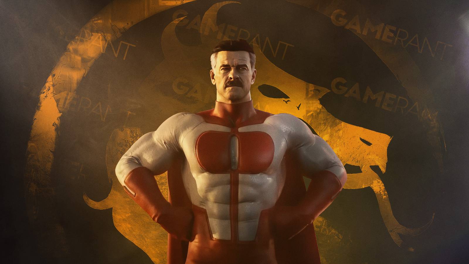 Omni-Man standing in front of the Mortal Kombat 1 logo