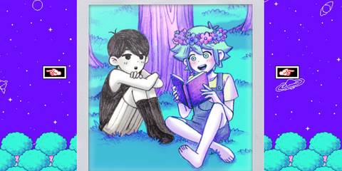 Pixel art of a greyscale boy sitting next to a pastel coloured kid in Omori