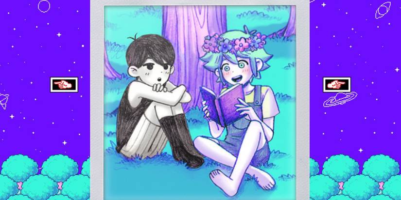 Pixel art of a greyscale boy sitting next to a pastel coloured kid in Omori