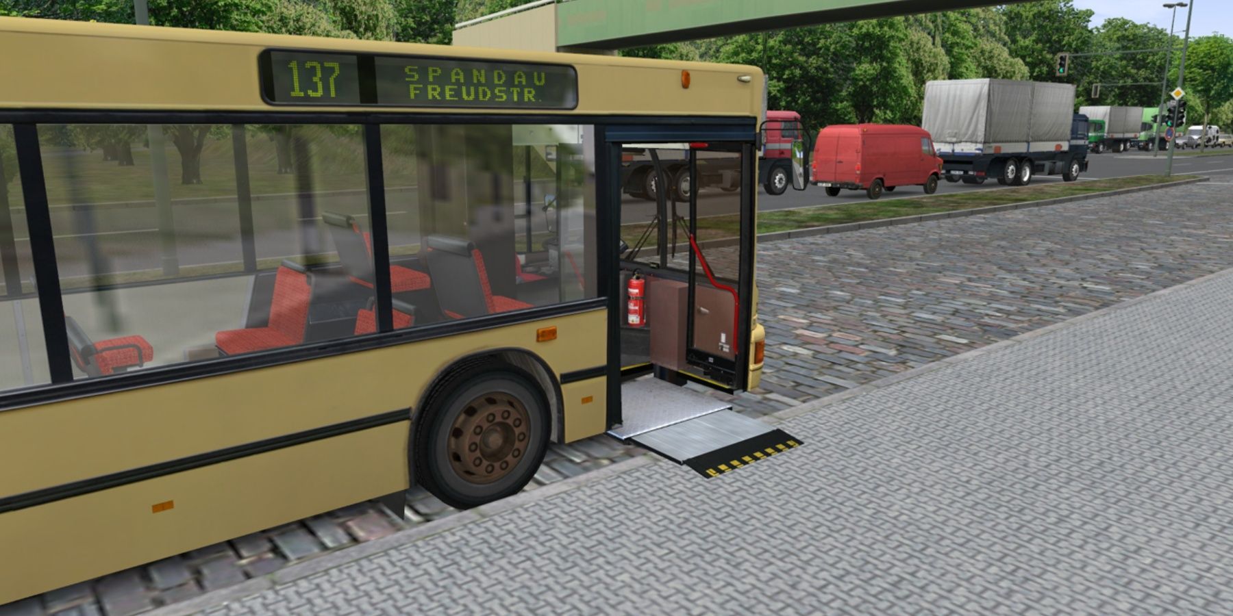 A yellow German bus with a ramp on the pavement in OMSI 2