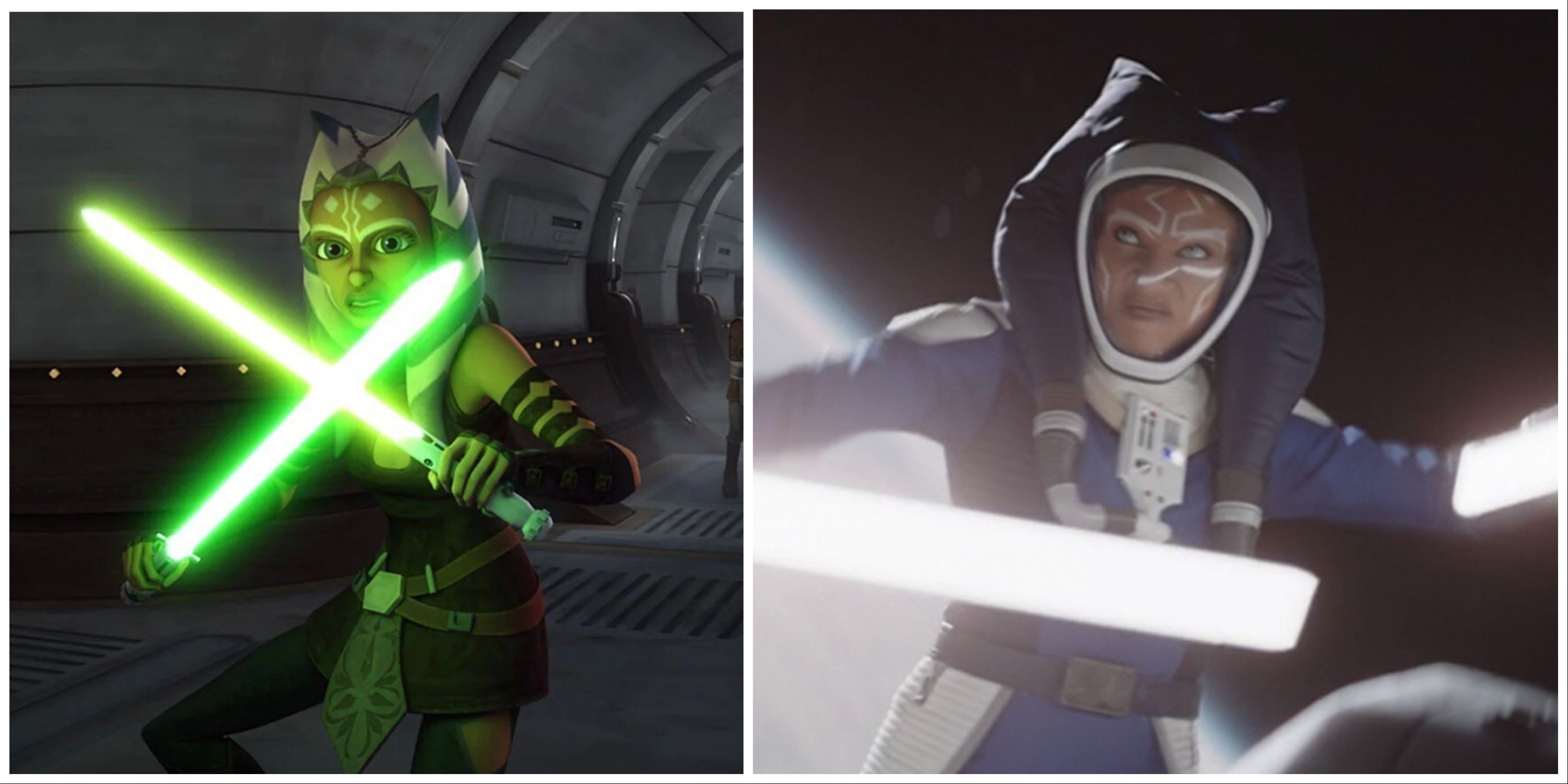 Ahsoka holds her blades in the clone wars, and in space in her own series