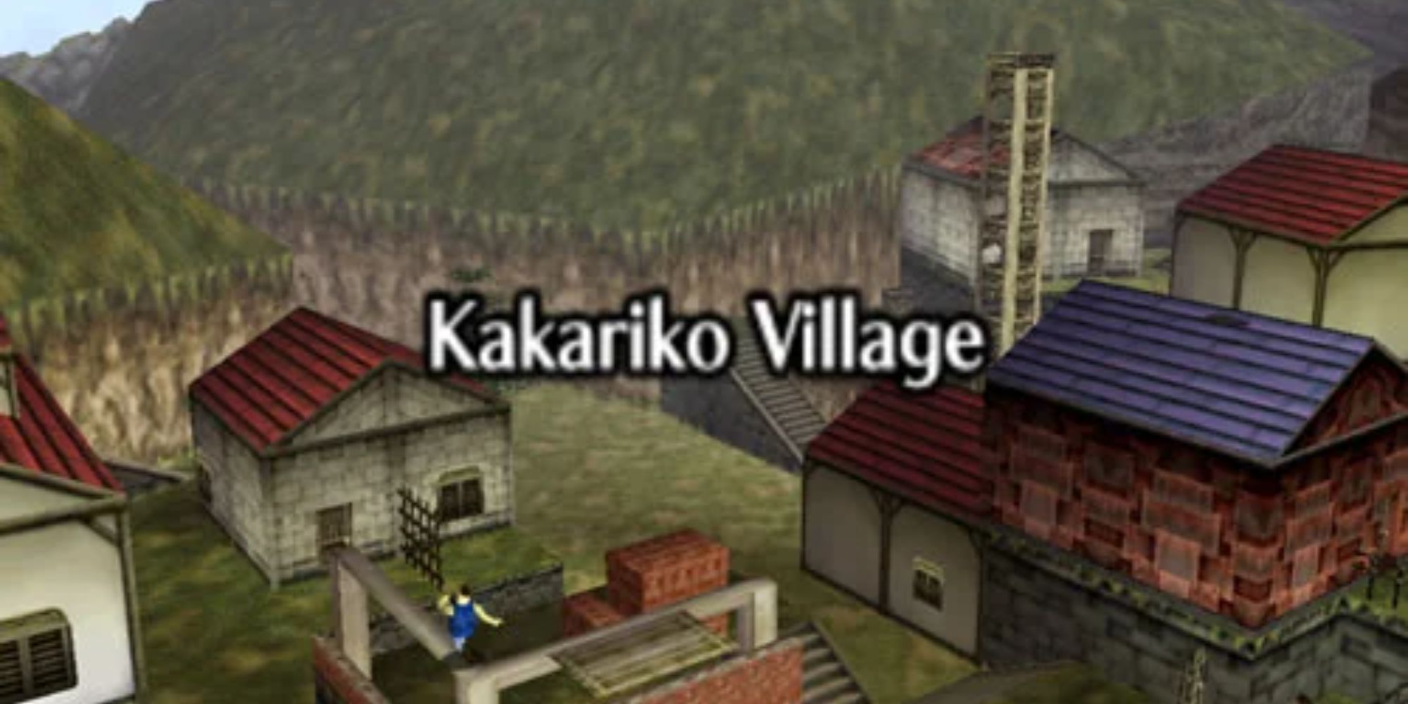Kakariko Village establishing shot with a dew houses and business visible 