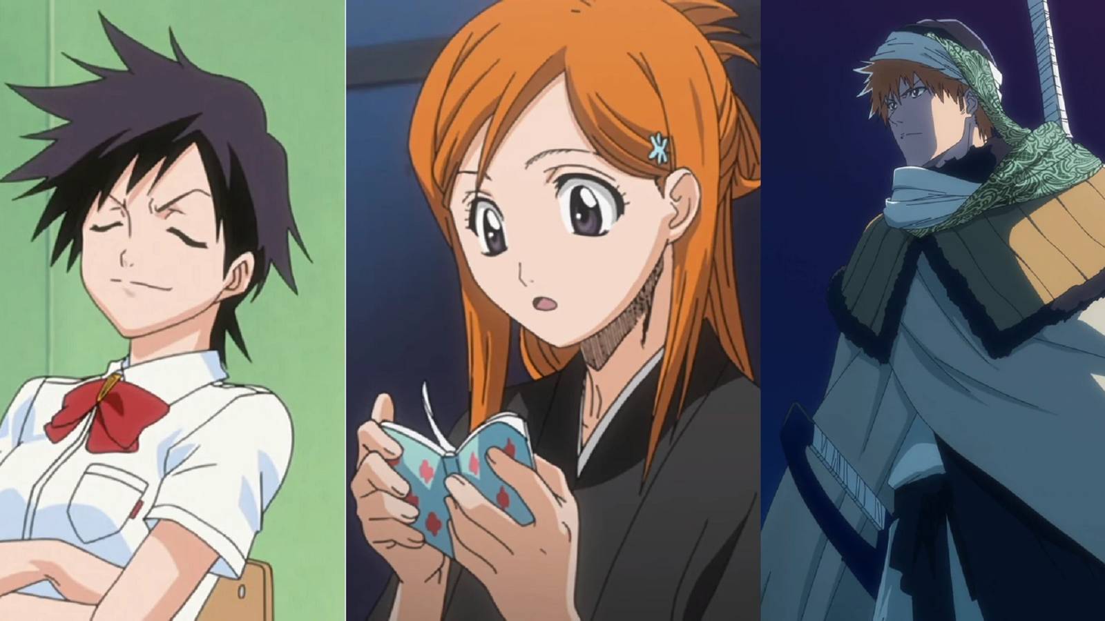 Split image of a smirking Tatsuki, Orihime recounting past events, and Ichigo in his Oken clothing in the Bleach anime
