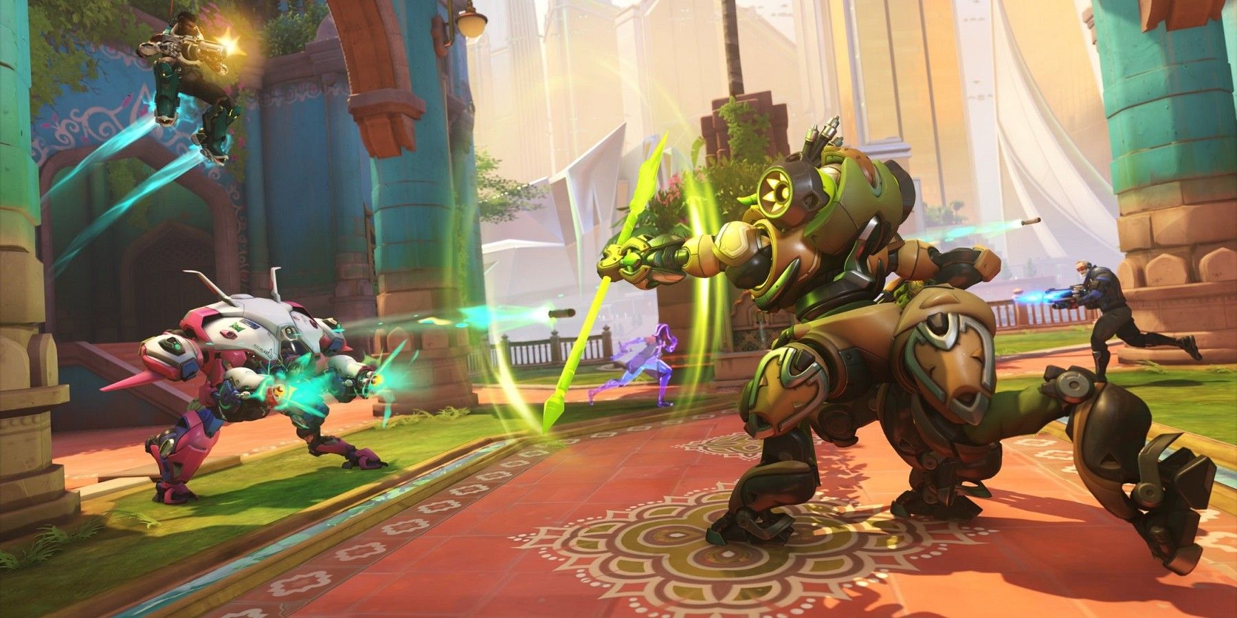 overwatch 2 Dva and Orisa in combat near temple entrance