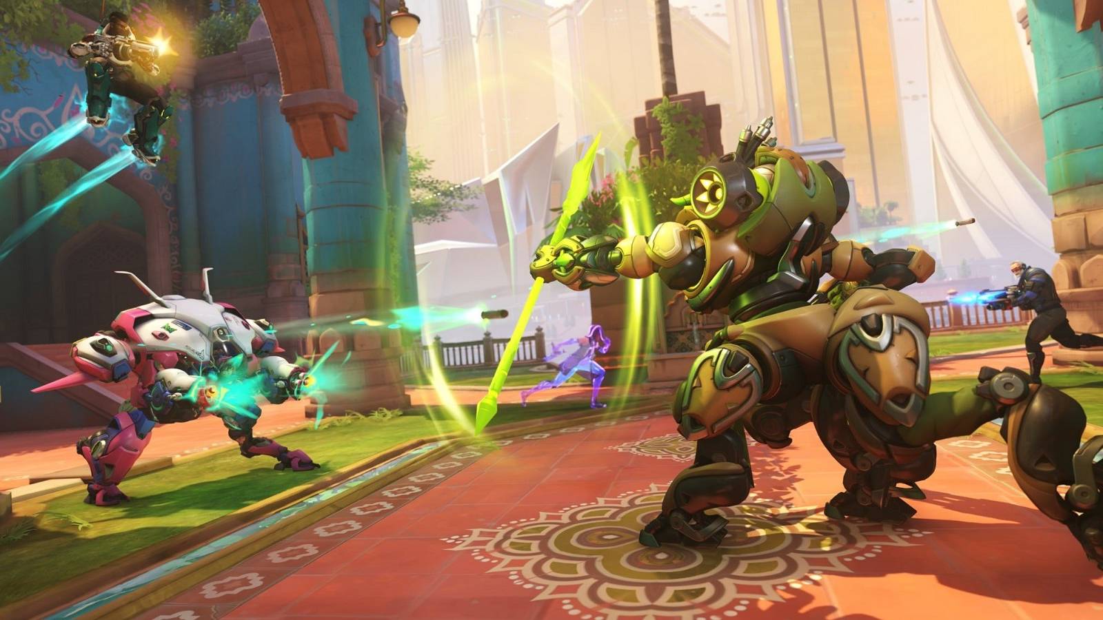 overwatch 2 Dva and Orisa in combat near temple entrance