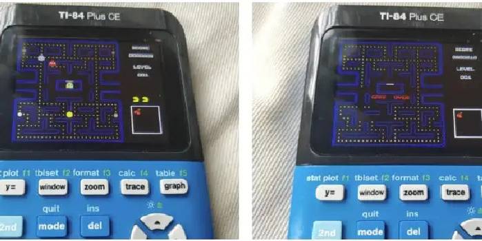 Two snapshots side by side of the Pac-Man maze on a calculator. Image source: calcplex.com