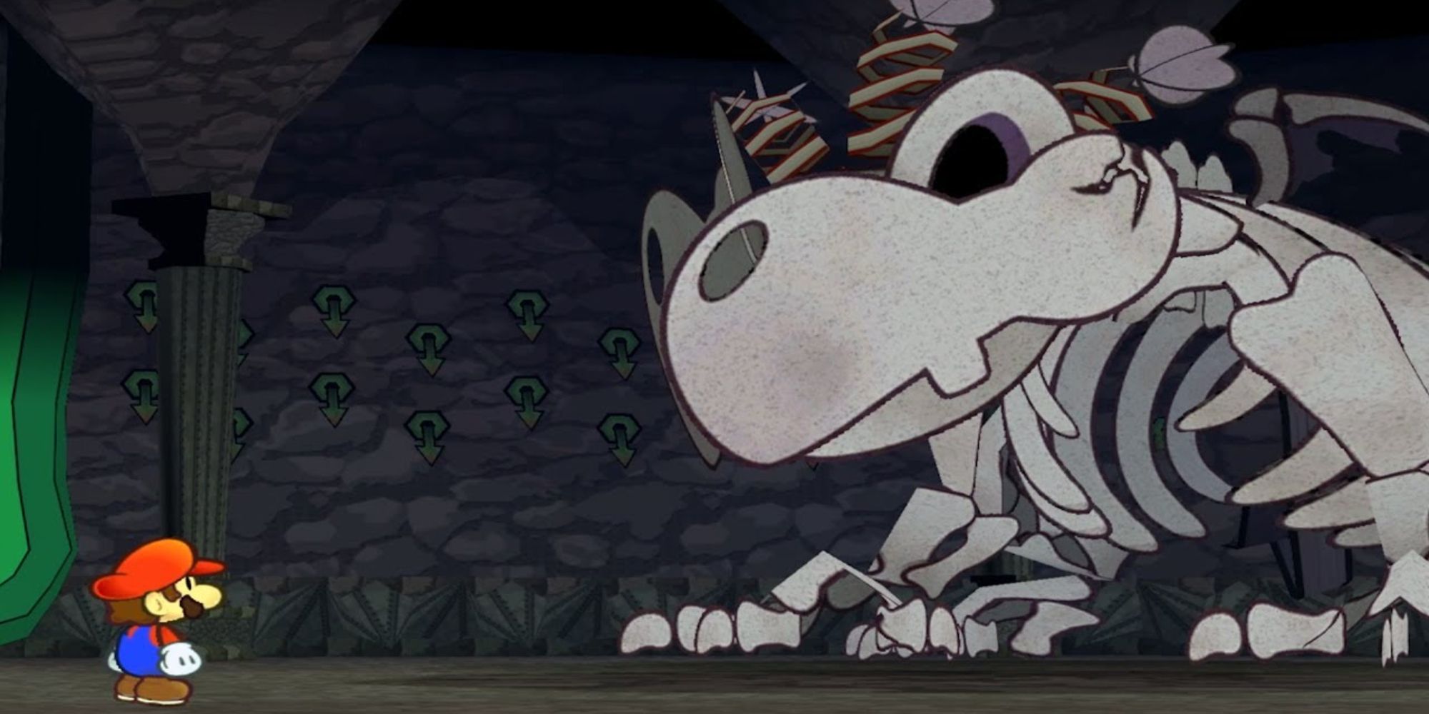 Paper Mario facing a giant Dry Bones dragon