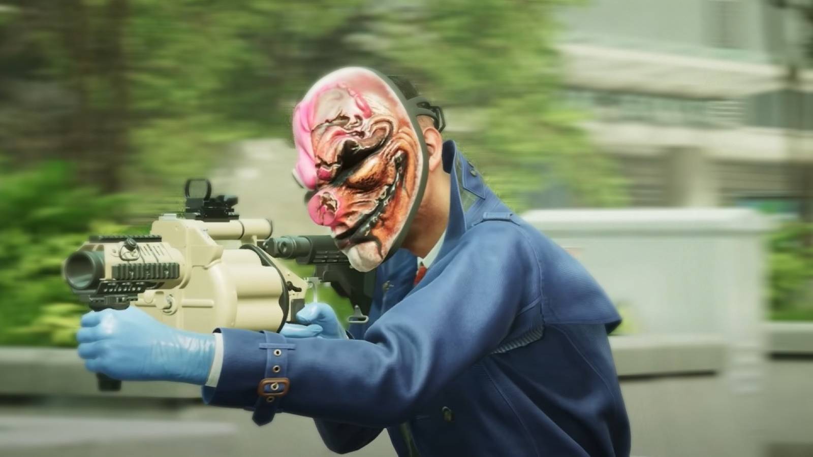 Payday 3 Masked Player Character with Grenade Launcher Overkill Weapon