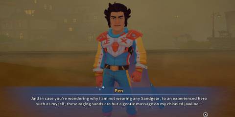 Pen standing in a sandstorm in My Time at Sandrock