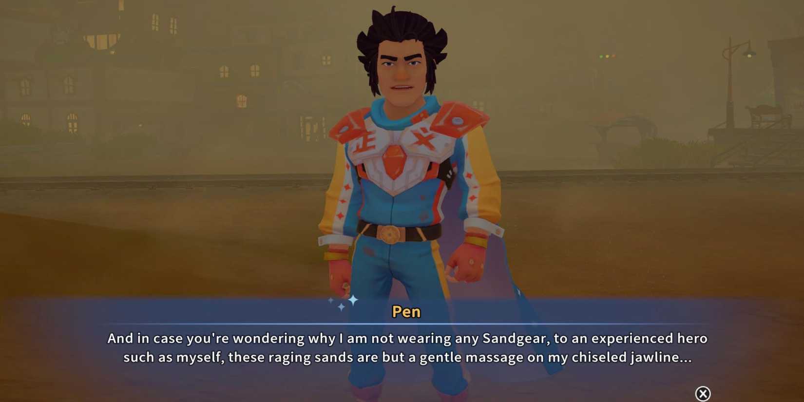 Pen standing in a sandstorm in My Time at Sandrock