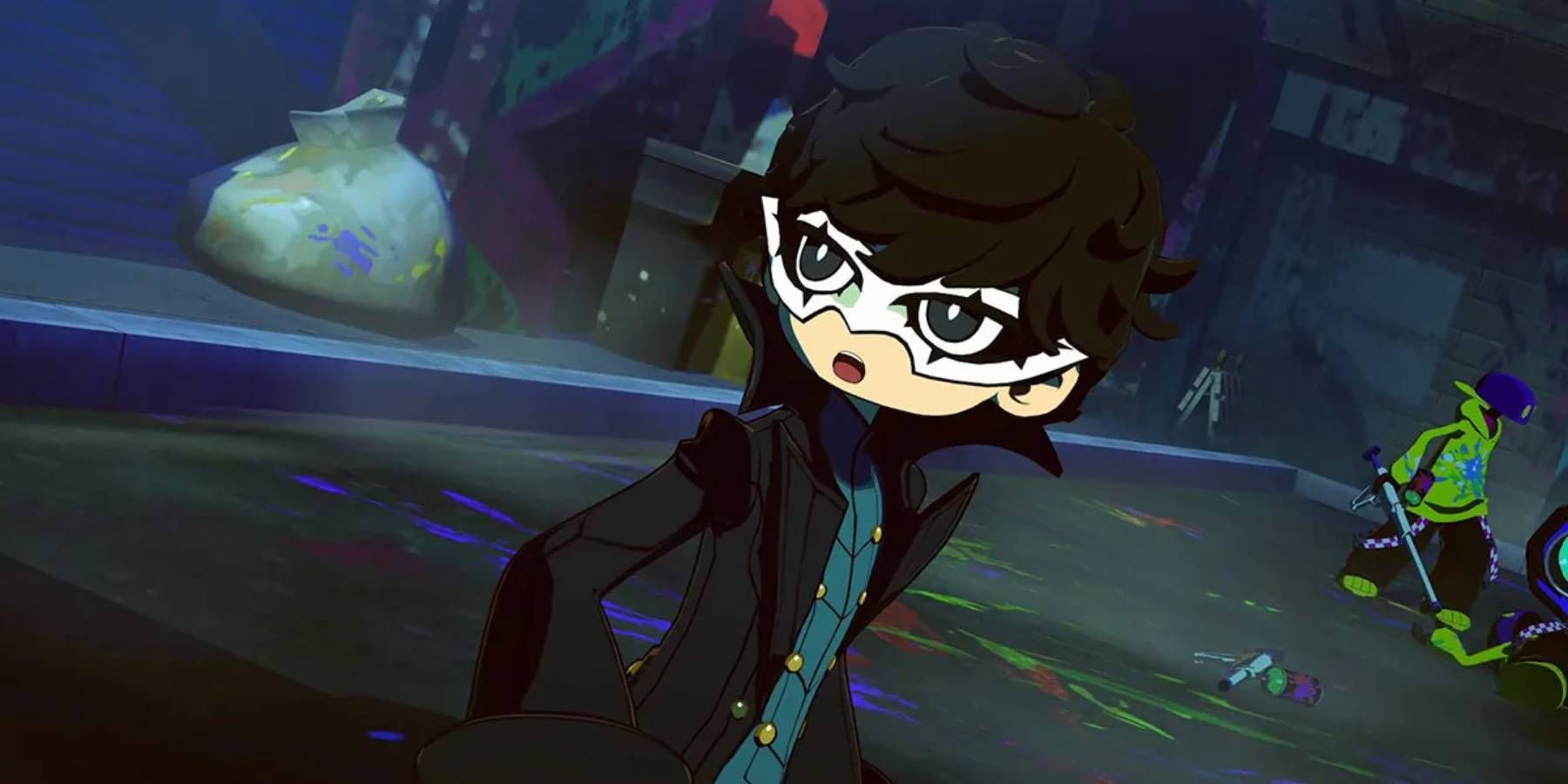 Joker looking surprised in a Persona 5 Tactica trailer