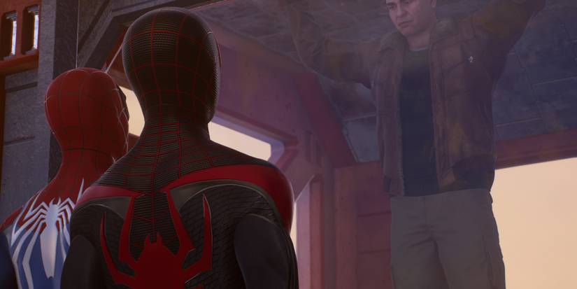 Peter and Miles talking to Sandman in Marvel's Spider-Man 2