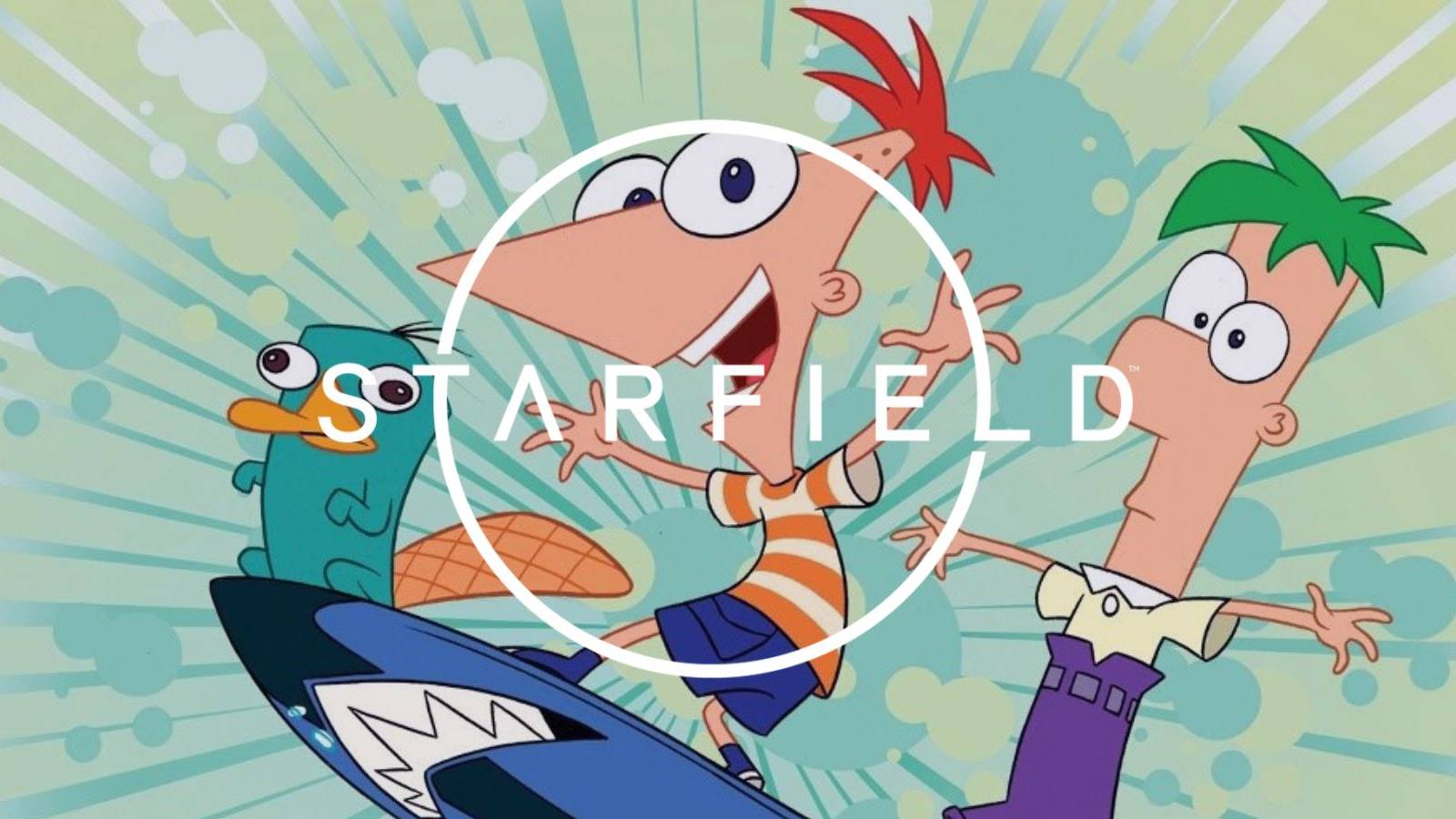 Phineas, Ferb and Perry with the starfield logo