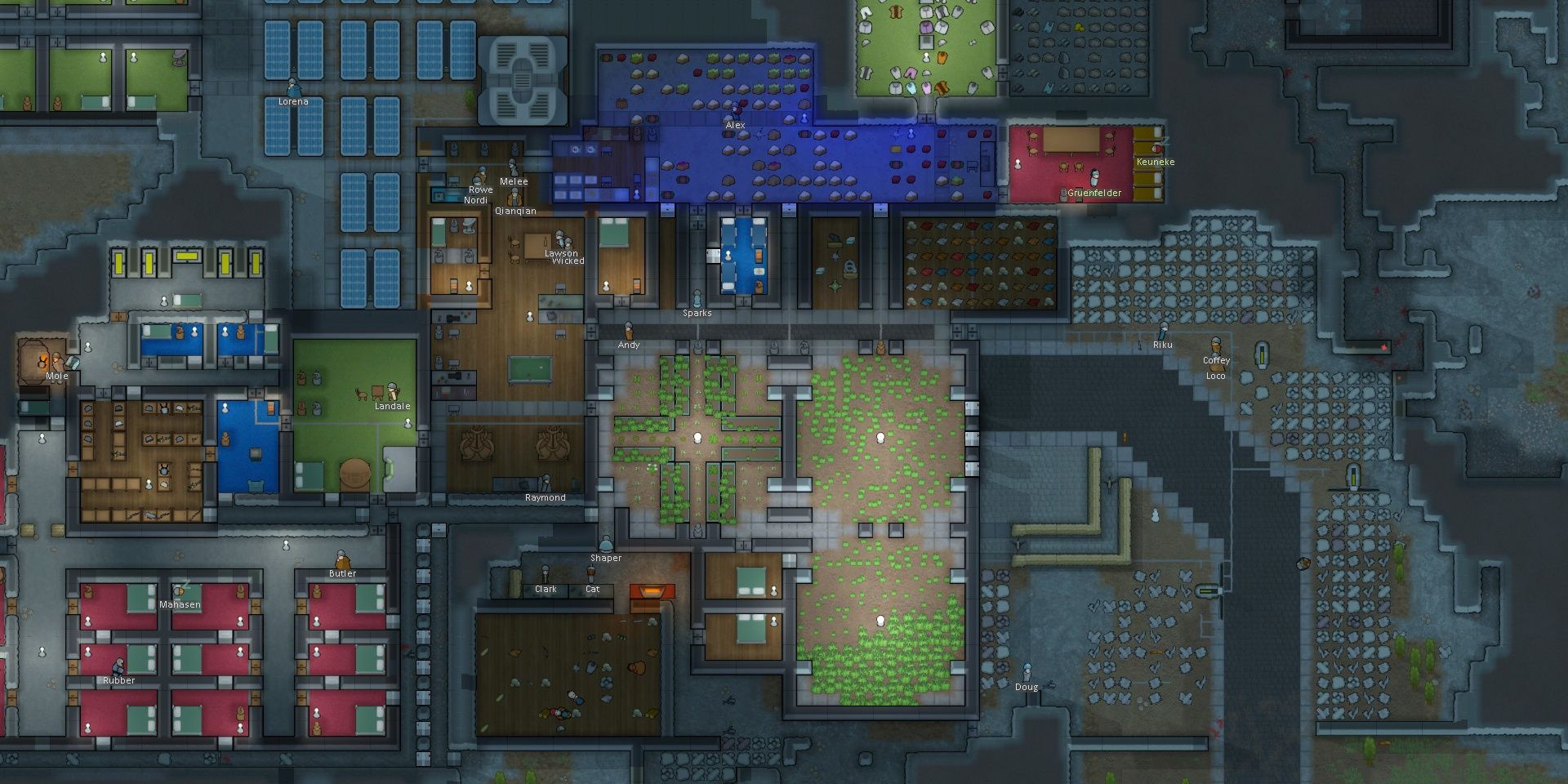 Colony with hospital bedrooms and solar panels