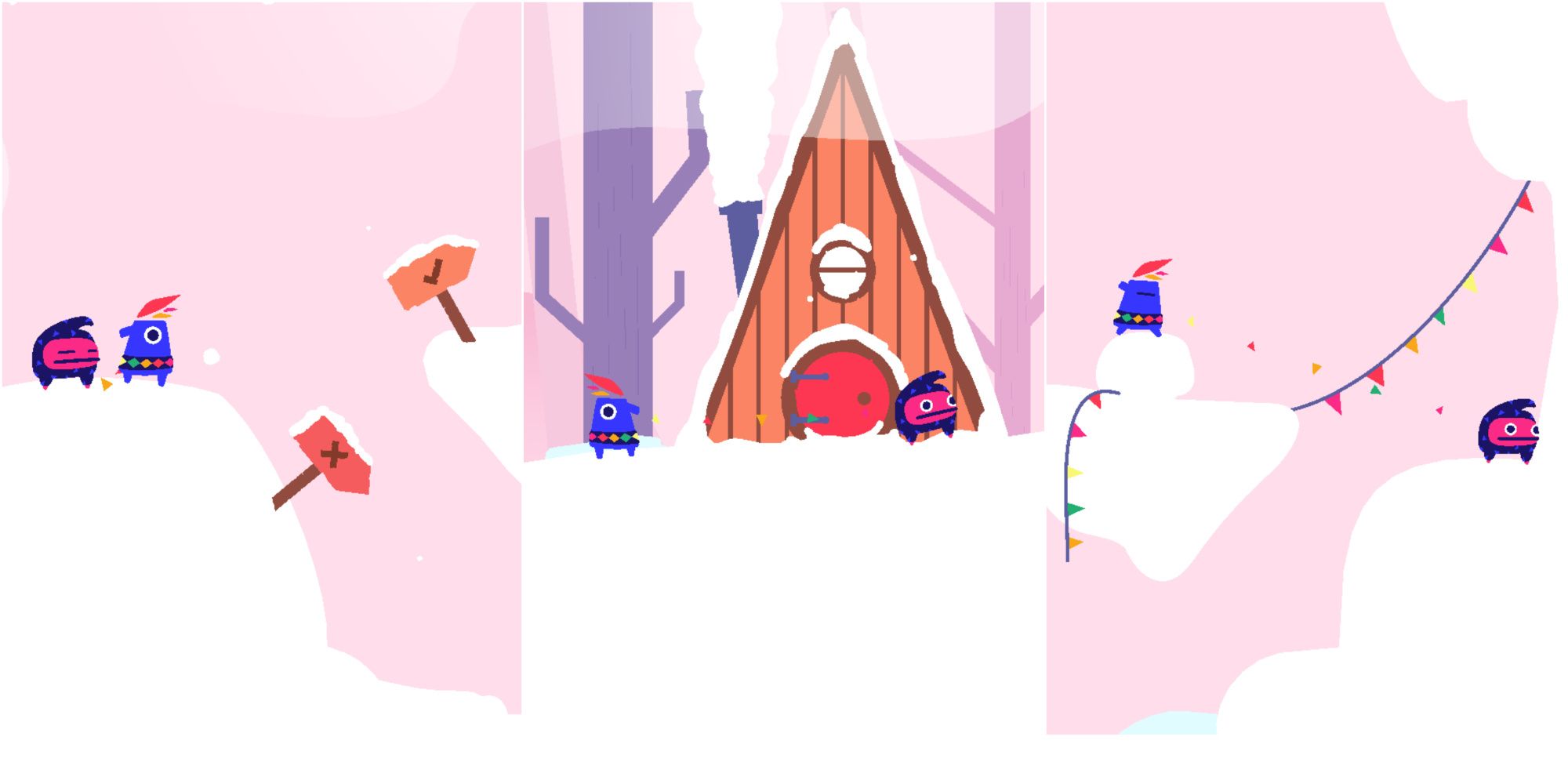 Personagens Pikwip, Pinguim e Blob escalando uma linda montanha nevada