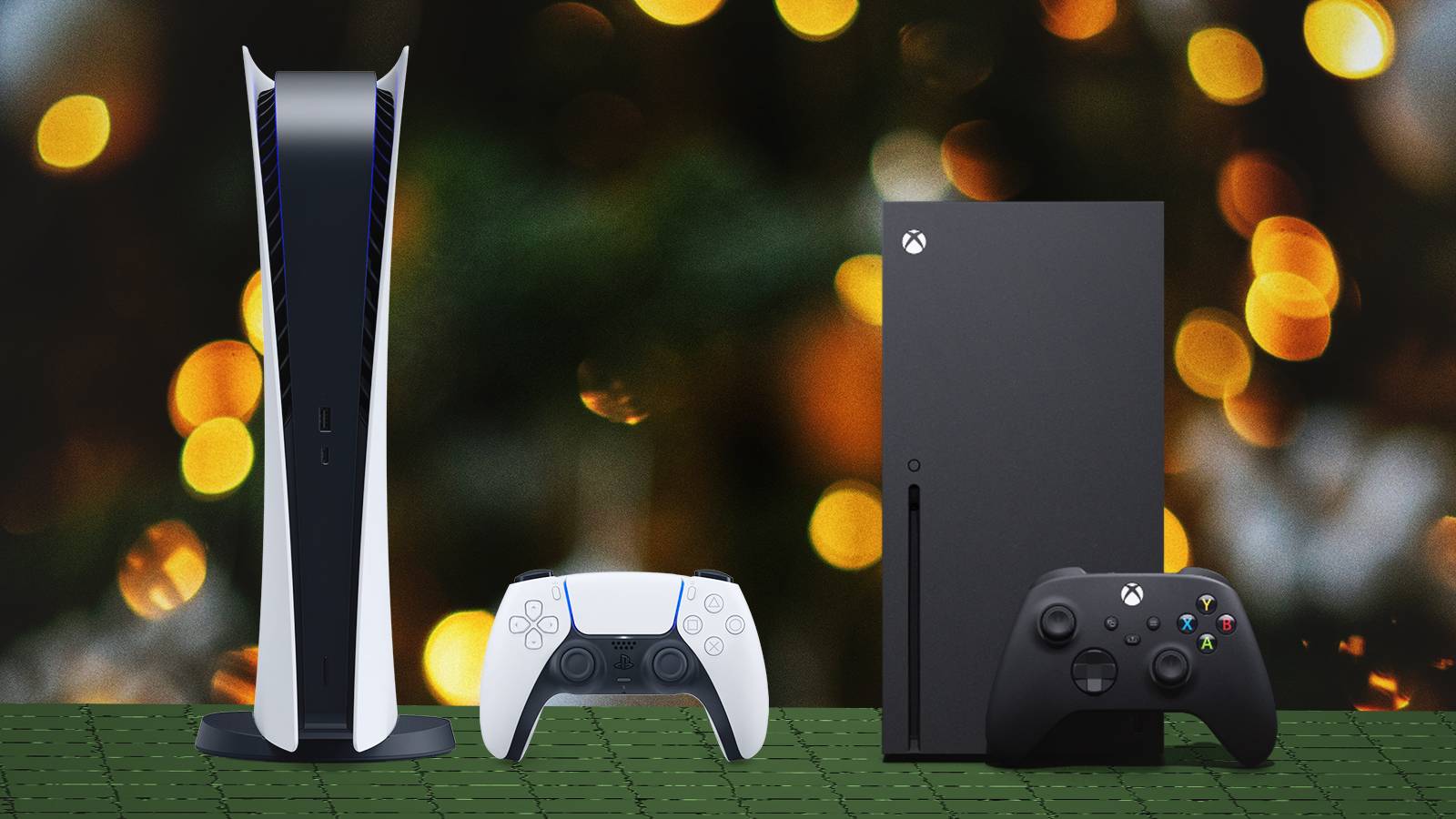 PlayStation 5 PS5 and Xbox Series X XSX behind Christmas tree lights composite