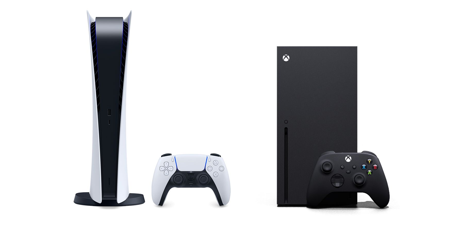 PlayStation 5 PS5 next to Xbox Series X white background