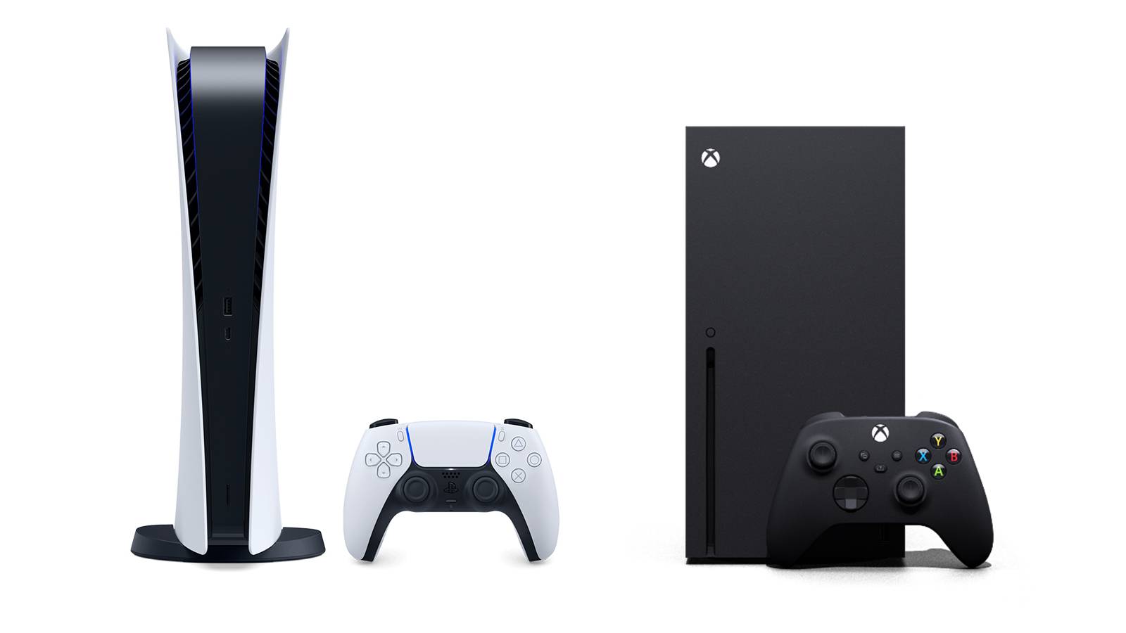 PlayStation 5 PS5 next to Xbox Series X white background