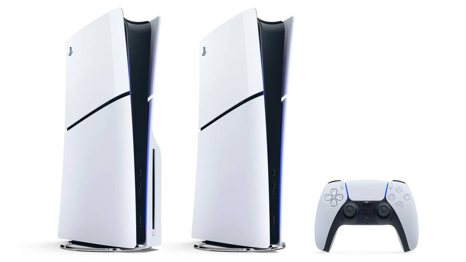 A promotional image of the PlayStation 5 Slim model in both its disk drive and digital only versions alongside a DualSense controller agianst a white background.