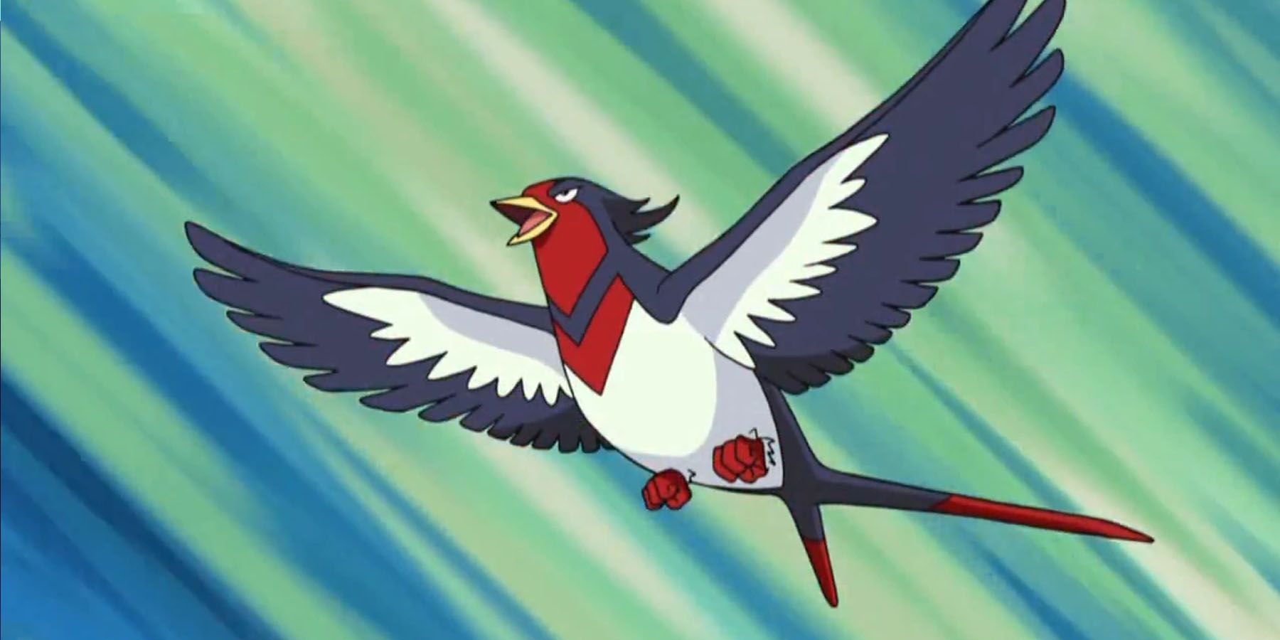 A screenshot of Swellow flying against a blue and green background in the Pokemon anime.