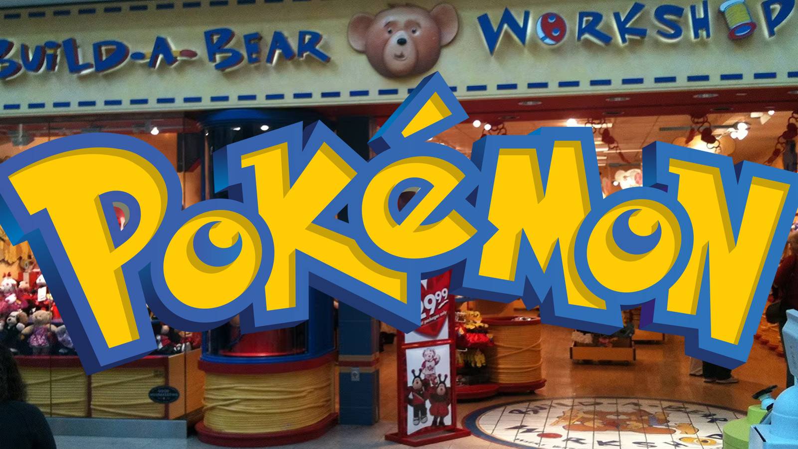 A photo of a Build-a-Bear workshop with the Pokemon logo placed in front of it.