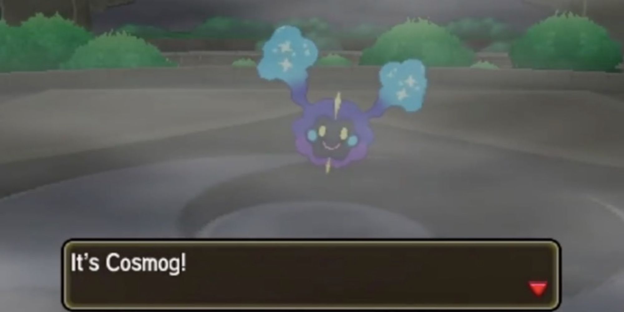 Cosmog appearing in the mist, and a dialogue box saying 'it's cosmog'