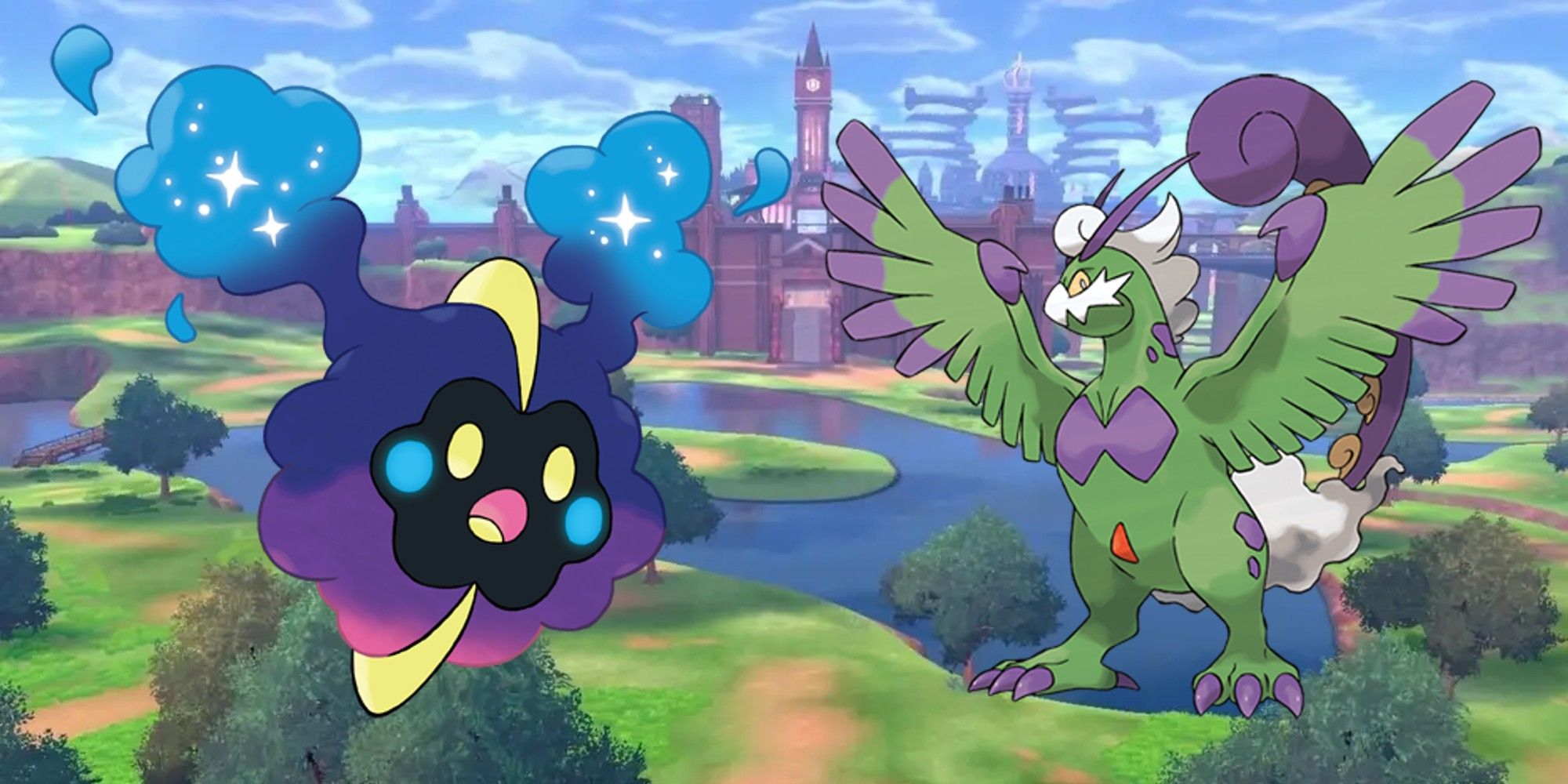 Pokemon Sword and Shield wild area with Cosmog and Tornadus over it