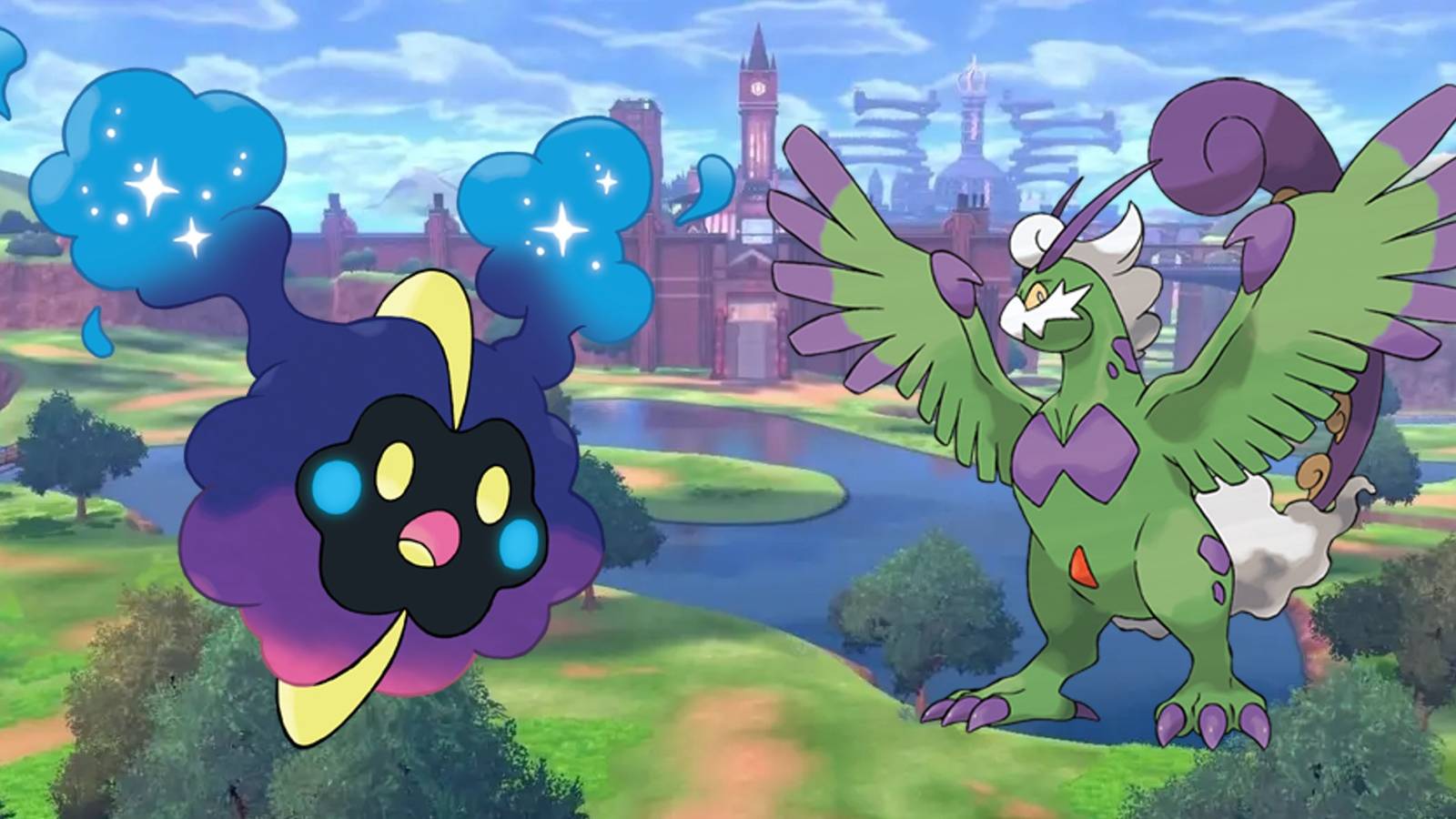 Pokemon Sword and Shield wild area with Cosmog and Tornadus over it