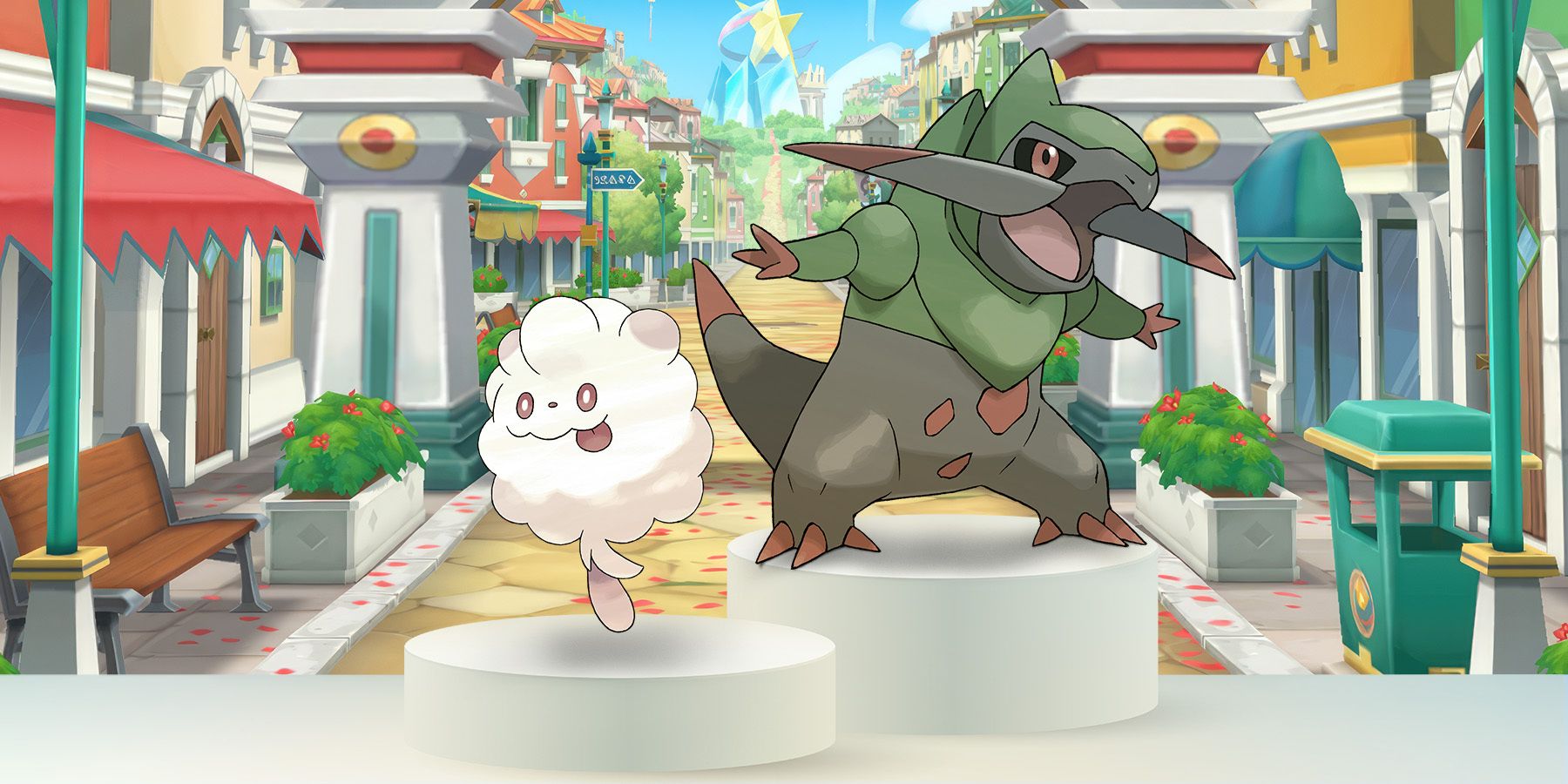 Swirlix and Fraxure side-by-side on pedestals against a town backdrop from the Pokemon anime.