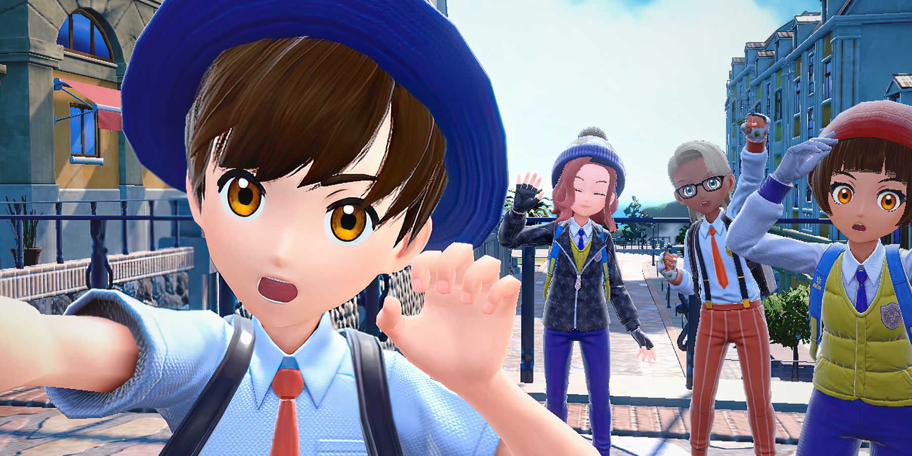 Pokemon Scarlet and Violet surprised looking party selfie promo screenshot