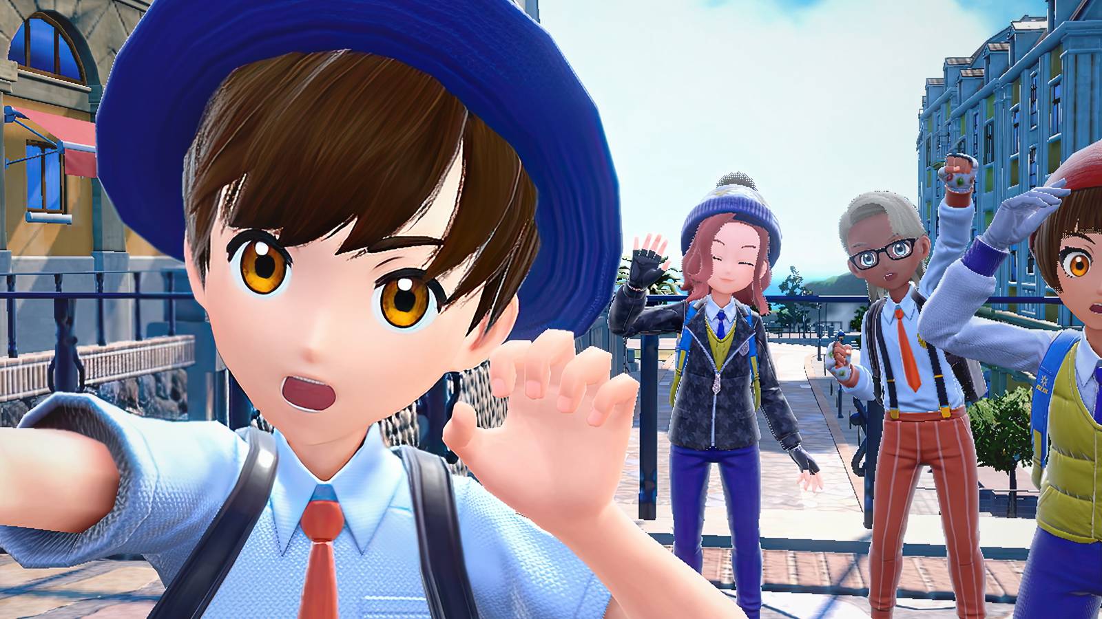 Pokemon Scarlet and Violet surprised looking party selfie promo screenshot