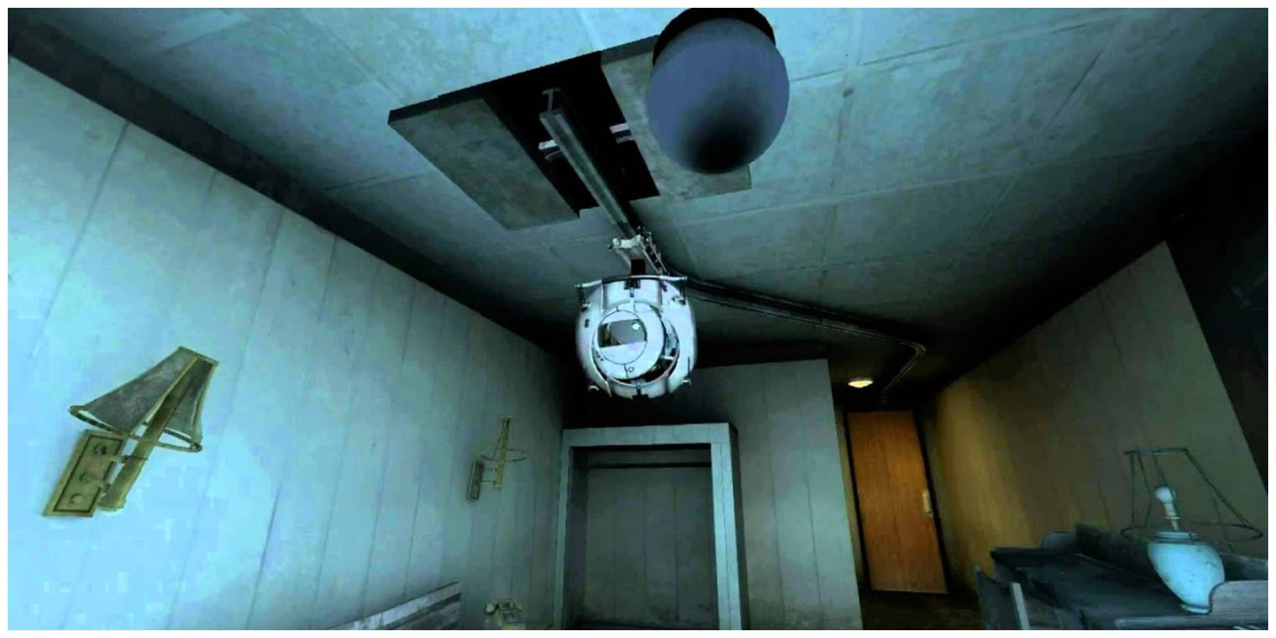 A spherical robot on rails on the ceiling