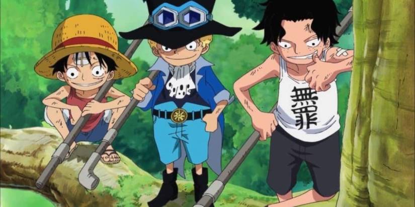 Portgas D. Ace, Monkey D. Luffy and Sabo standing together on top of a tree in One Piece