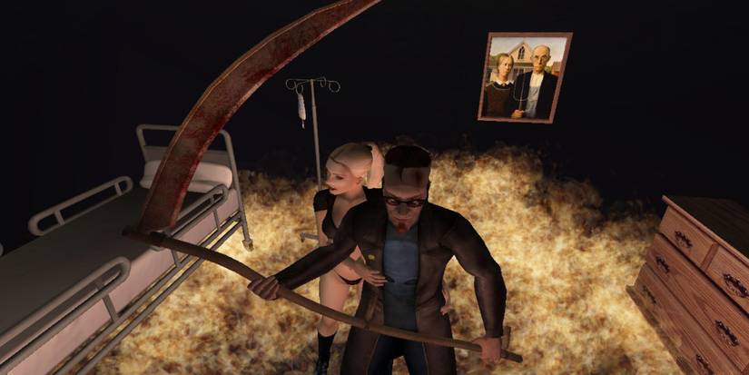 Postal Dude holding a scythe surrounded by fire in Postal 2: Apocalypse Weekend
