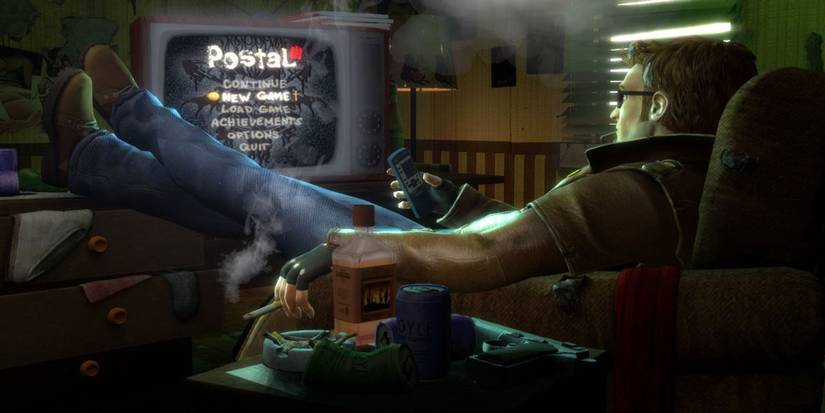 Postal Dude with his feet up watching tv in Postal 3