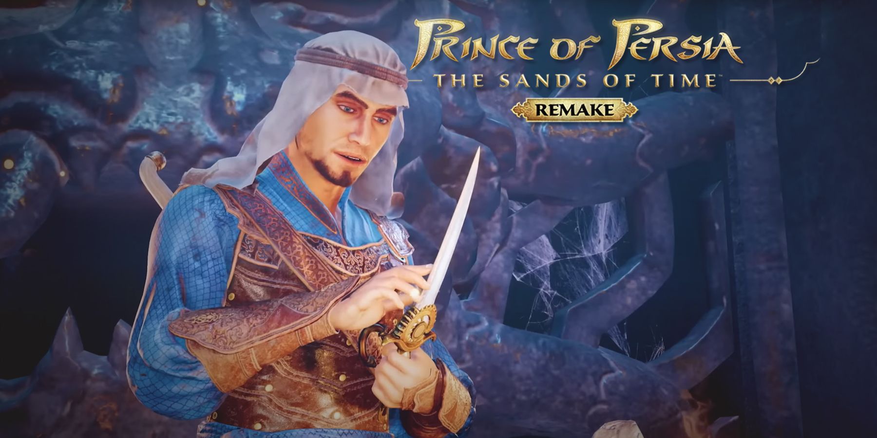 Prince of Persia The Sands of Time Remake prince holding dagger of time intro screenshot with game logo