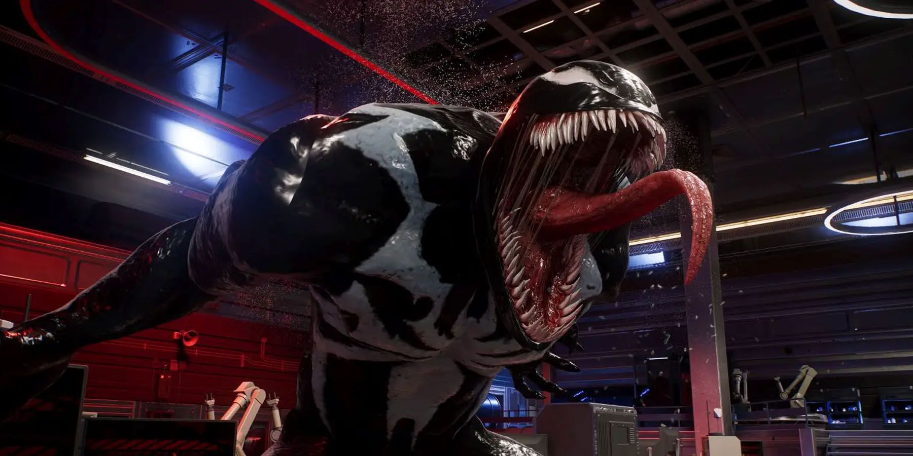 A screenshot of Venom roaring in a lab in Marvel's Spider-Man 2
