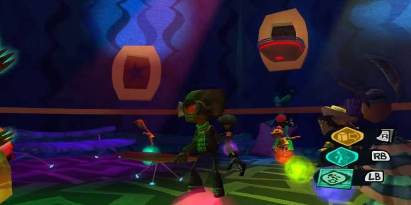 Psychonauts protagonist looking around in Milla's Dance Party while dancers swing about