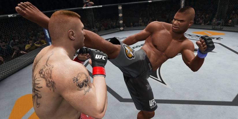 Overeem landing a head kick on Lesnar