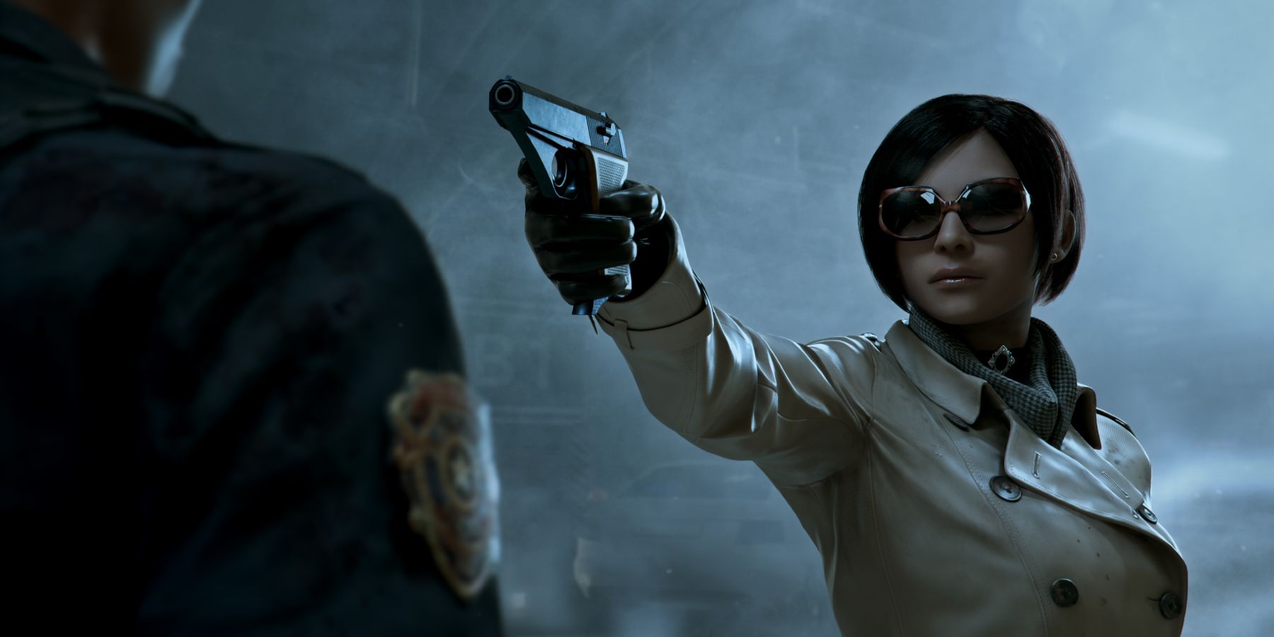 Resident Evil 2 Remake Ada Wong aiming gun at Leon