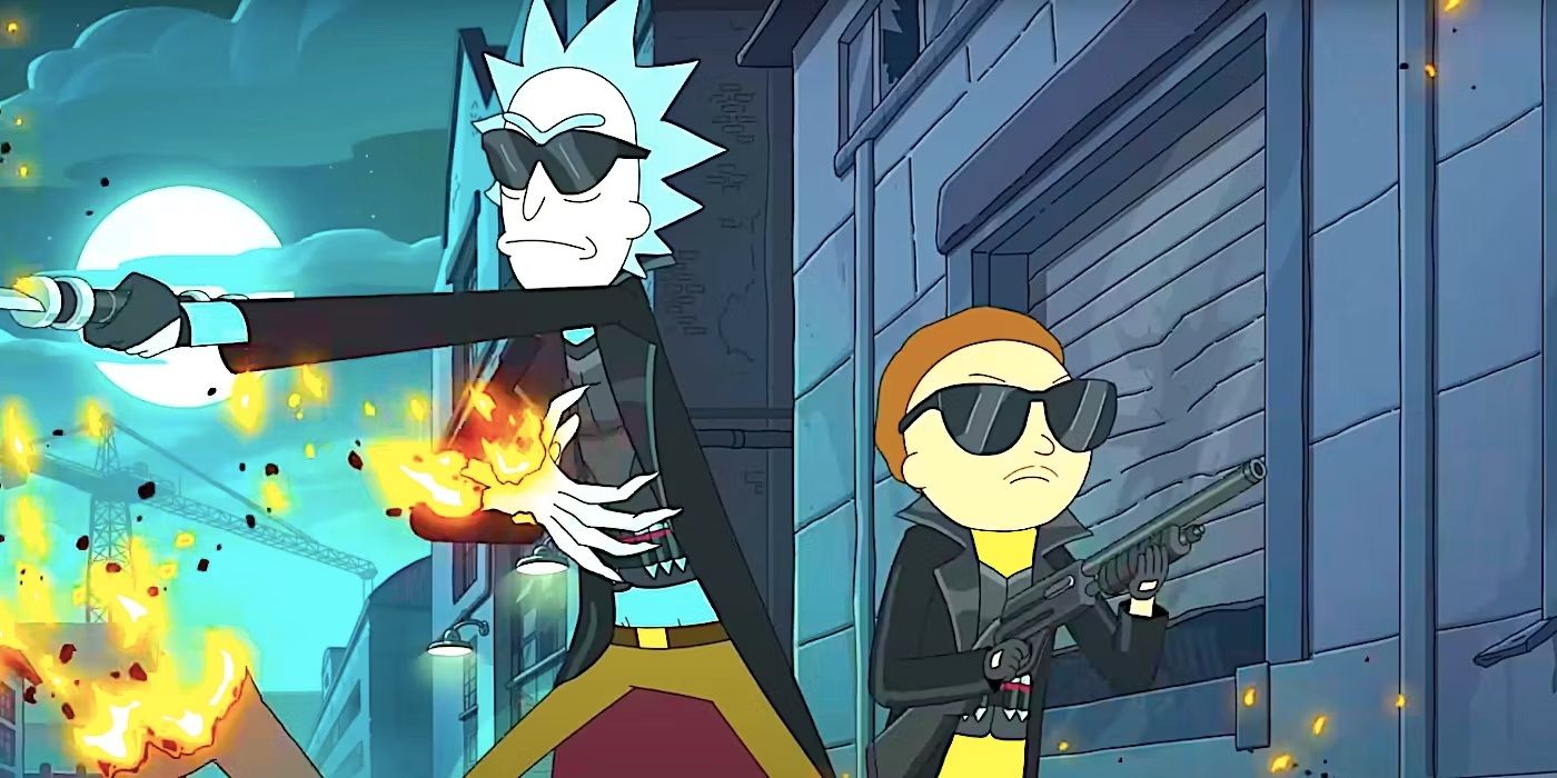 Rick and Morty dressed as Blade fighting vampires in Rick and Morty