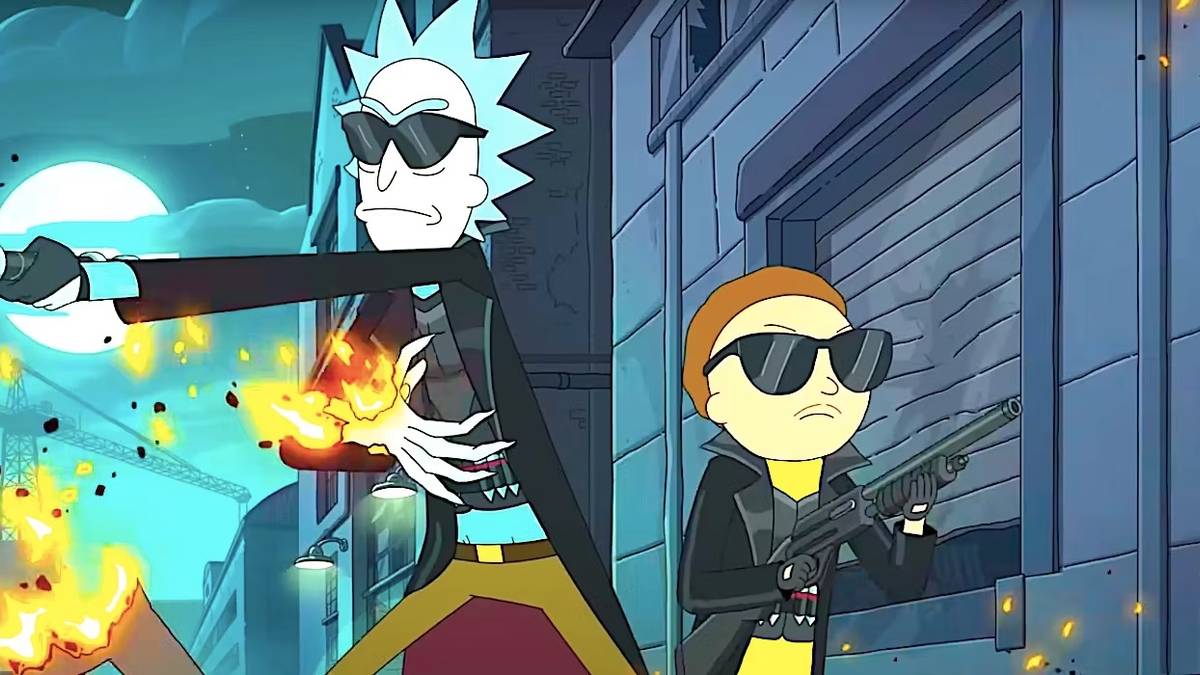 Rick and Morty dressed as Blade fighting vampires in Rick and Morty