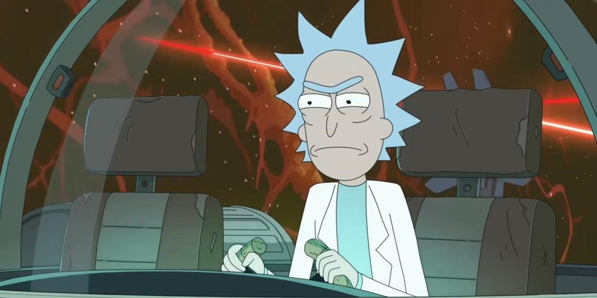 Rick flying his ship in Rick and Morty