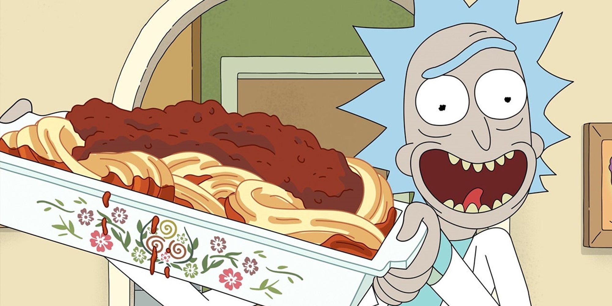 Rick holding a dish of spaghetti in Rick and Morty