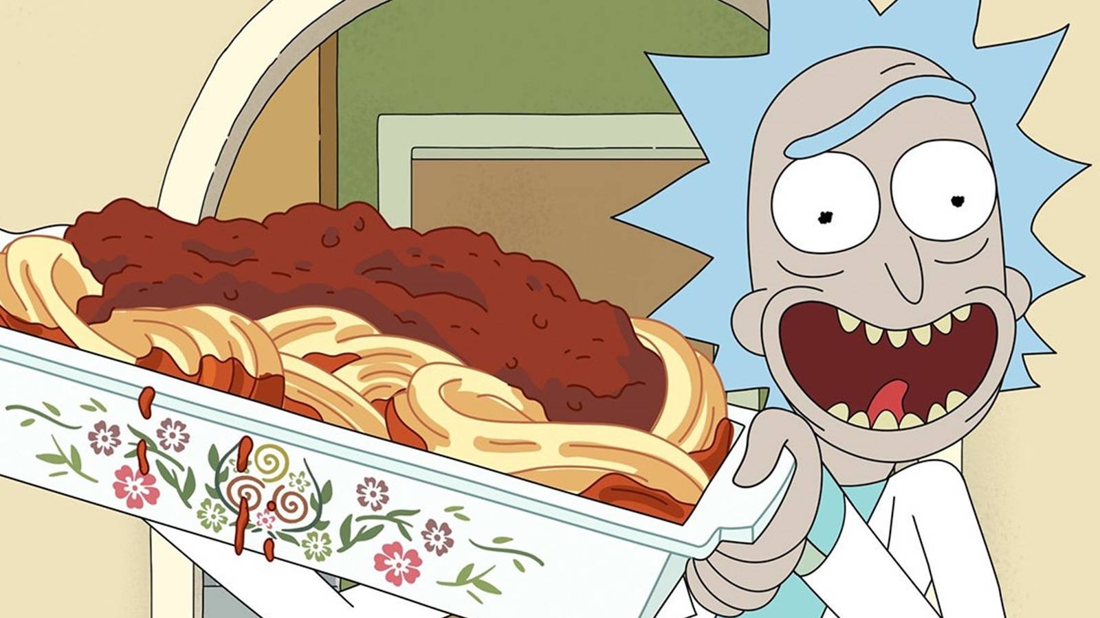 Rick holding a dish of spaghetti in Rick and Morty