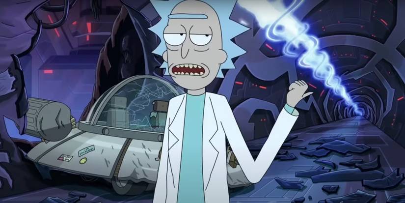 Rick pointing behind his back in Rick and Morty