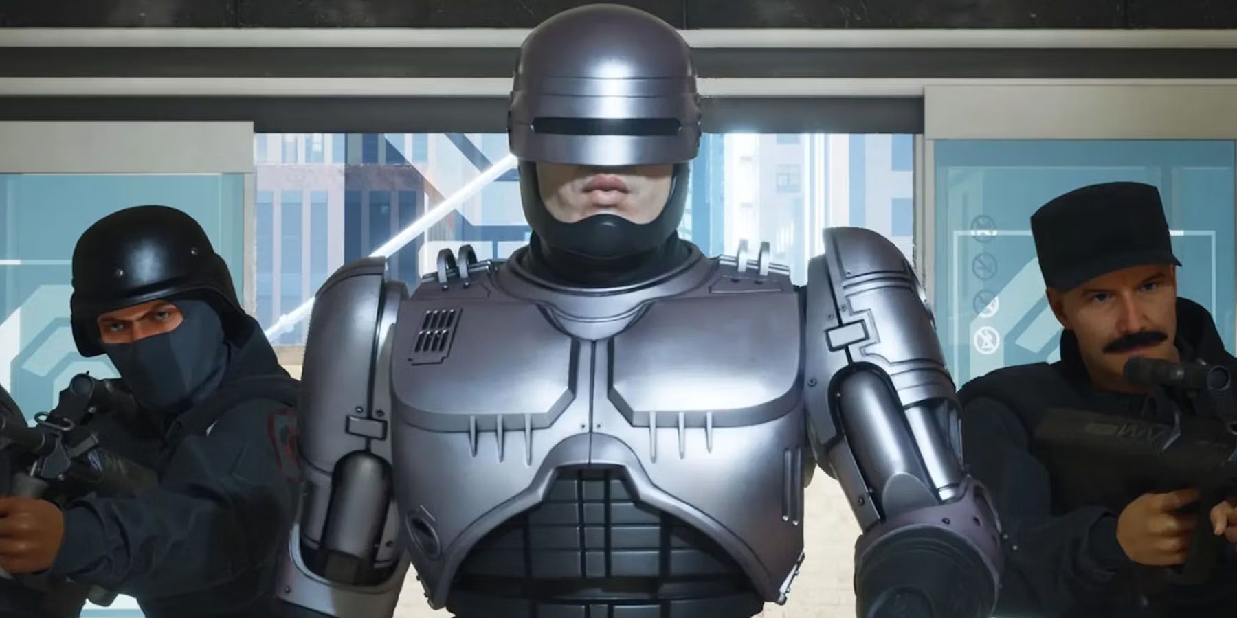 A screenshot of RoboCop and a squad of officers entering a building in RoboCop: Rogue City.