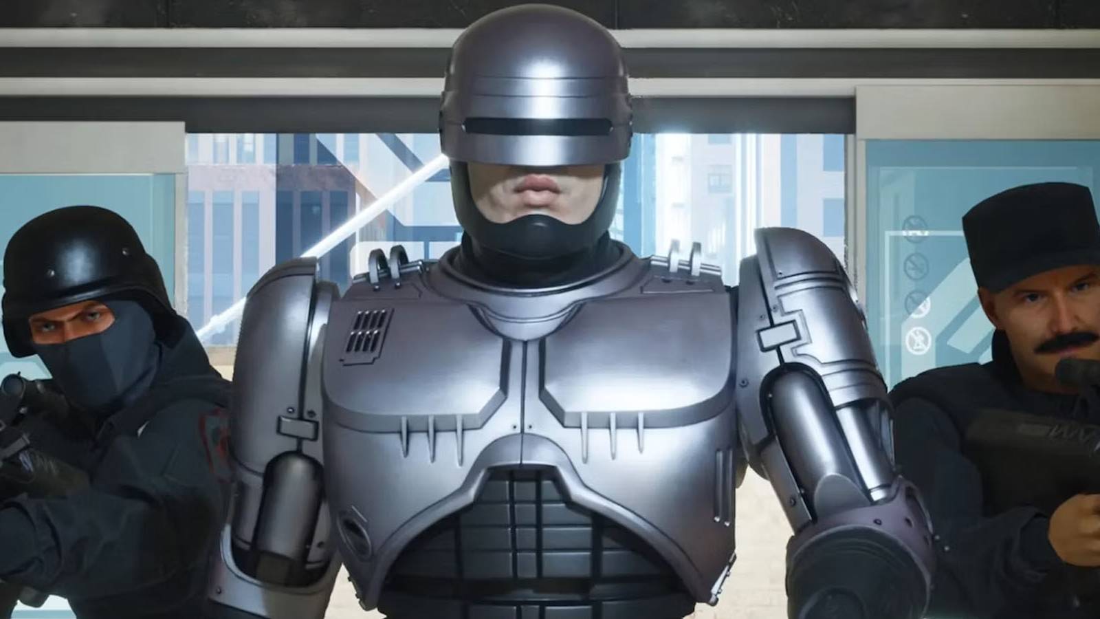 A screenshot of RoboCop and a squad of officers entering a building in RoboCop: Rogue City.
